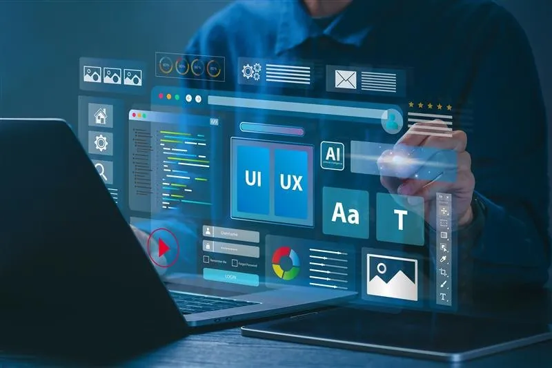 Diseñador UX/UI trabajando con interfaces digitales e inteligencia artificial