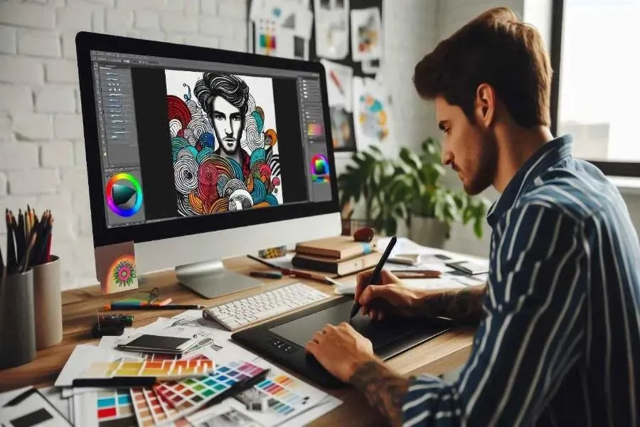 Diseñador gráfico ilustrando con tableta digital frente a la pantalla