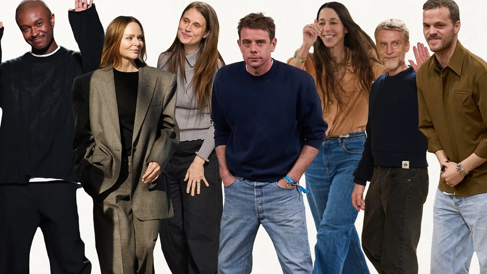 Equipo de creativos de moda posando juntos con looks contemporáneos